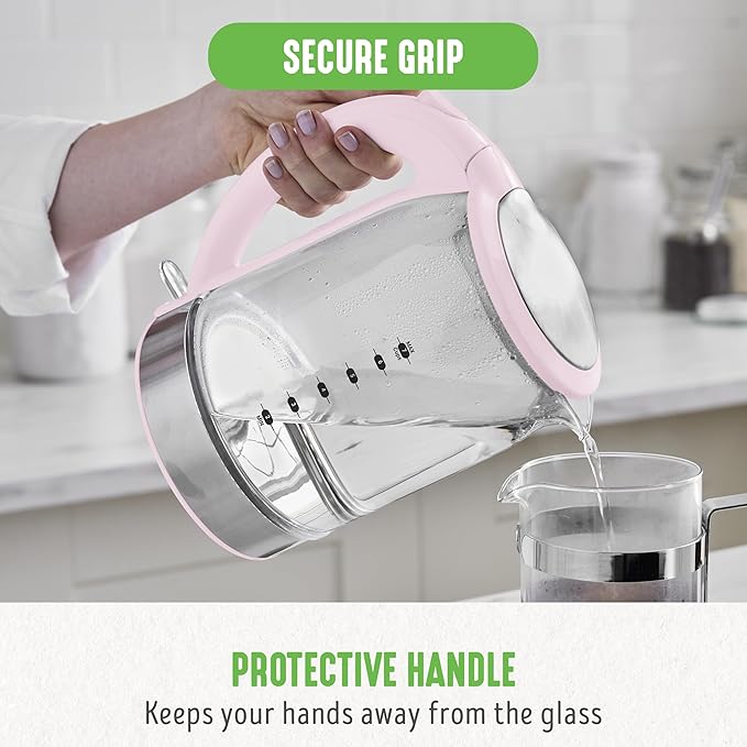GreenLife 1.7 Liter Glass Electric Kettle, Easy One Touch Use, Quick Heating, Filtered Spout, LED Base, Auto Shut-Off, Cordless Serving, Coffee and Tea, Pink