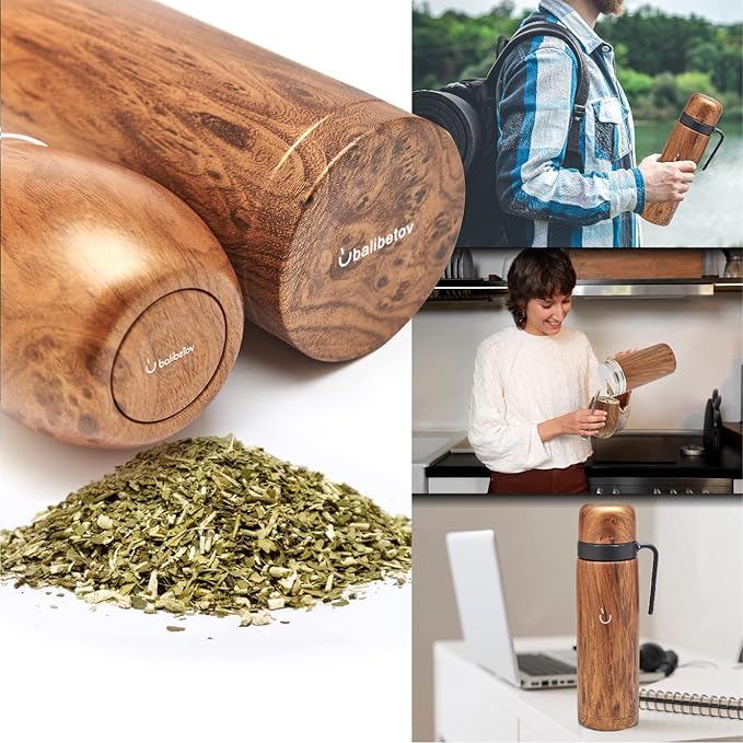 BALIBETOV Complete Yerba Mate Set - Modern Mate Gourd, Thermal Flask, Yerba Container, Bombilla and Cleaning Brush Included - All Premium Quality 304 18/8 Stainless Steel