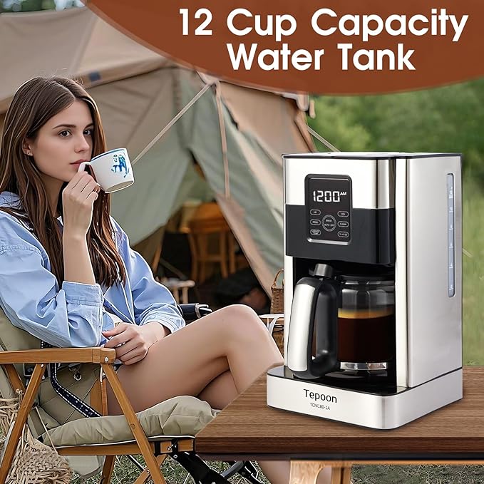 Coffee Maker, 12-Cup Glass Carafe, Programmable, Touch Screen, Keep Hot Plate,Reusable Filter, Stainless Steel