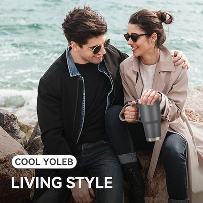 30 oz Tumbler with Handle and Lid, Stainless Steel Tumblers Double Wall Vacuum Insulated Travel Mug Leak Proof Cup Keep Drinks Cold and Hot Grey, 1 Pack