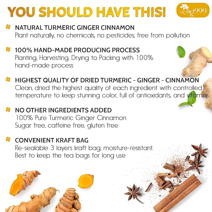 200 Bags Premium Turmeric Ginger Cinnamon Tea, Improve Digestion, Support Brain, Weight, Skin and Sleep, Eco-Conscious Tea Bags and Premium Natural Ingredients. Turmeric Ginger Herbal Tea. No Sugar, No Caffeine, No Gluten, Vegan.