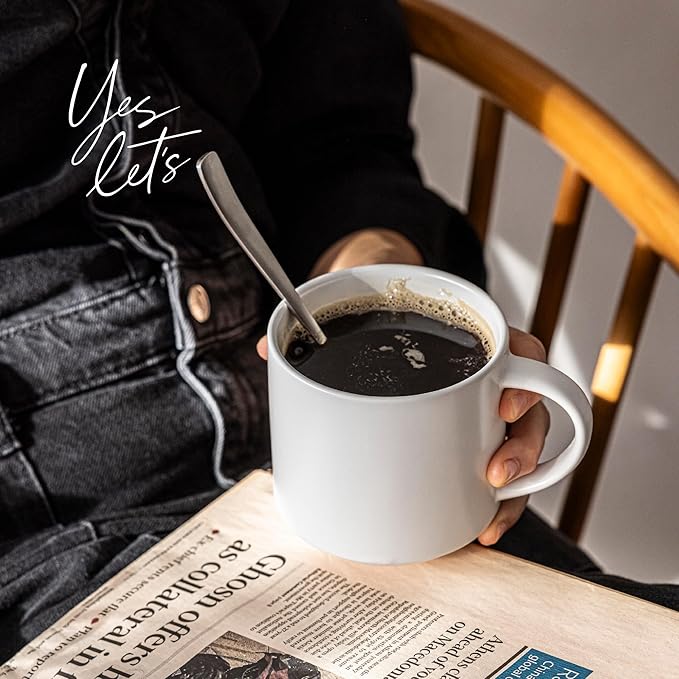 over&back Coffee Mugs Set of 4 – 14oz Ceramic Coffee Mug for Tea, Latte & More – Stackable Stoneware Coffee Cups with Semi-Matte White Finish – Durable & Stylish Drinkware