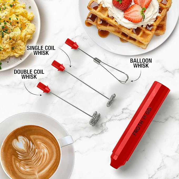 Zulay Froth N Go Milk Frother Rechargeable - 3-in-1 Frother Wand With Case & USB-C Charger - Comes With 3 Whisk Attachments for Latte, Cappuccino, Matcha, Protein Shakes - Red