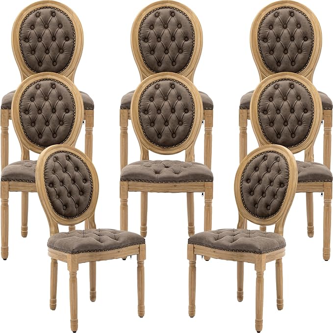 French Country Dining Chairs Set of 8, Brown Upholstered Dining Chairs, PU Leather Tufted Back, Solid Wood Legs, Farmhouse Kitchen & Dining Room Chairs, Sillas De Comedor (Brown, 8Pcs)
