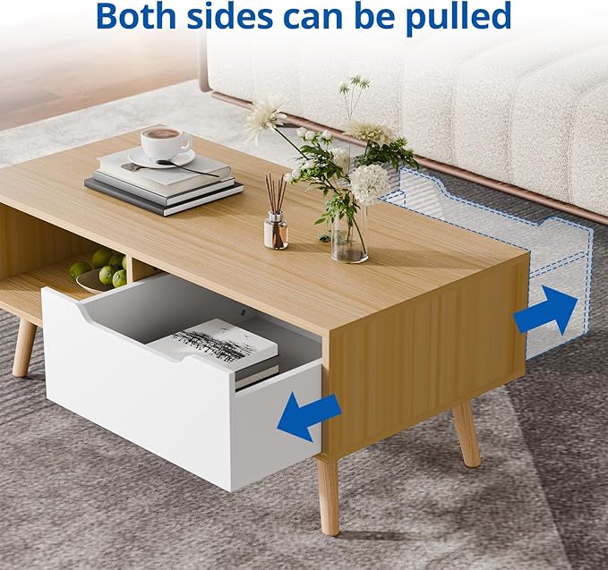 Cozy Castle Modern Wooden Coffee Table with Storage, Minimalist Hallway Mid Century Cocktail Table for Living Room Apartment Reception, Oak