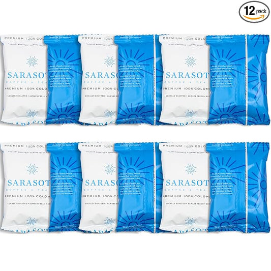 Coffee Packets – 100% Colombian Medium Roast Ground Coffee, Low Acid Mold Free 2 oz Packs for 12 Cup Brewers, Pre-Measured Fractional Packs, 12 Count Box – Sarasota