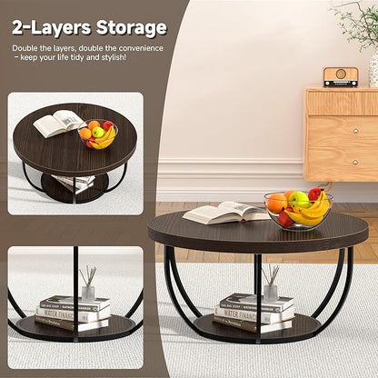 Round Coffee Table, 31" Coffee Table for Living Room Decor, 2-Tier Storage with Steel Frame, Space-Saving Wood Center Table, Modern Style Easy Assembly (Dark Coffee)