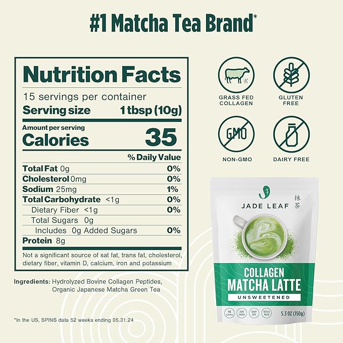 Jade Leaf Matcha Organic Premium Ceremonial Grade Matcha Green Tea Powder - Japanese - Culinary, Ingredient, Ceremonial Barista Teahouse, Latte, Collagen, 5.3 Ounce (Pack of 1), Sugar Free Collagen Matcha Latte