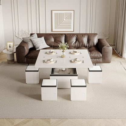 Extendable Coffee Table with 4 Storage Stools, Multifunctional Lift Top Coffee Table, Space Saving Folding Dining Table for Living Room (47.24 Inch)