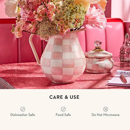 MACKENZIE-CHILDS Enamel Pitcher with Spout for Water, Cut Flowers, and Home Decor, 3 Quarts, Pink-and-White Rosy Check