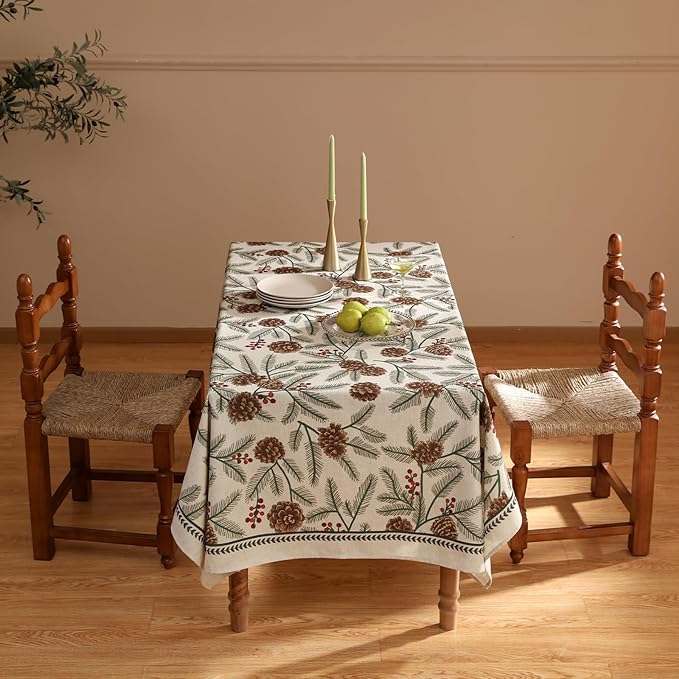Designer Christmas Beige Linen Long Rectangle Tablecloth,Pinecones Pattern Indoor Table Cloths,Washable Decor Tablecloths for Dining Thanksgiving Kitchen Christmas,63"*94"-Carol B