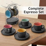 Load image into Gallery viewer, MIAMIO – 2.7 Oz Ceramic Stackable Espresso Cups with Saucers and Metal Stand, Set of 6 Espresso Cup, Demitasse Cups, Coffee Mugs for Espresso, Latte, Café Mocha &amp; Tea – Las Palmitas Collection