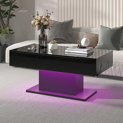 Led Coffee Table for Living Room, Living Room Table Rectangular Center Table, Modern High Glossy Wooden Coffee Tables with 16 Colors LED Lights for Dining Reception Room, Black