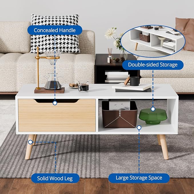 Cozy Castle Modern Coffee Table, Wooden Cocktail Table with Storage, Minimalist Hallway Table, Mid Century Modern Coffee Table for Living Room Apartment Reception, White