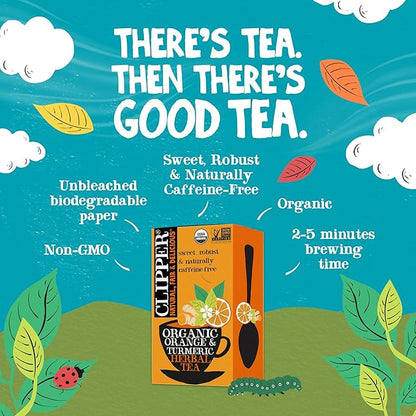 Clipper Tea, Orange & Turmeric, Organic Tea with Licorice Root, Orange Peel and Hibiscus, Plant Based Herbal Tea, Caffeine Free British Tea, 6 Pack, 120 Unbleached Tea Bags