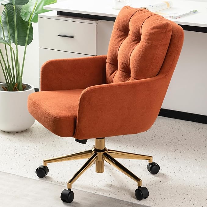 Flannel Office Chair, Comfy Home Office Desk Chairs with Lumbar Support, Modern Velvet Desk Chair Gold Legs Small Swivel Task Chair for Home Office, Bedroom, Study (Orange, L)