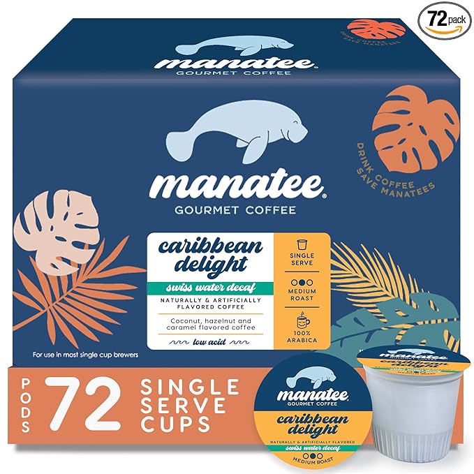 Manatee Gourmet Single Serve Coffee Pods for Keurig K-Cup Brewers, Caribbean Delight Flavored Swiss Water Decaf, 72 Count