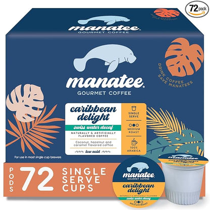 Manatee Gourmet Single Serve Coffee Pods for Keurig K-Cup Brewers, Caribbean Delight Flavored Swiss Water Decaf, 72 Count