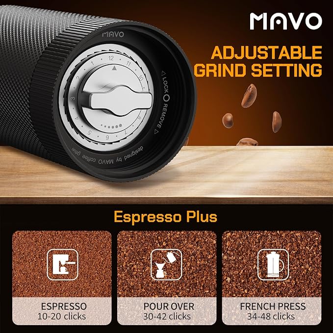 MAVO Manual Coffee Grinder, Wizard Hand Coffee Grinder, Capacity 25g with 2PCS CNC Stainless Steel Conical Burr -Pentagon and Hexagonal, Burr Coffee Bean Grinder for French Press, Pour Over, Black