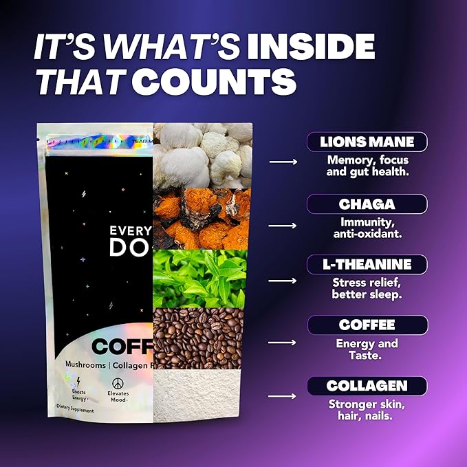 Everyday Dose Premium Adaptogenic Mushroom Coffee with Grass-Fed Collagen, Chaga, Lions Mane & L-Theanine for Better Focus, Energy, Digestion, Skin, and Immunity 30 Servings