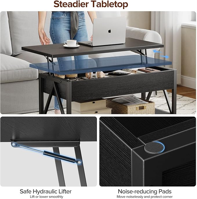 Lift Top Coffee Table,Lift Coffee Tables with Storage Shelf and Large Hidden Compartment for Living Room,Lifting top Coffee Table for Small Space,Black