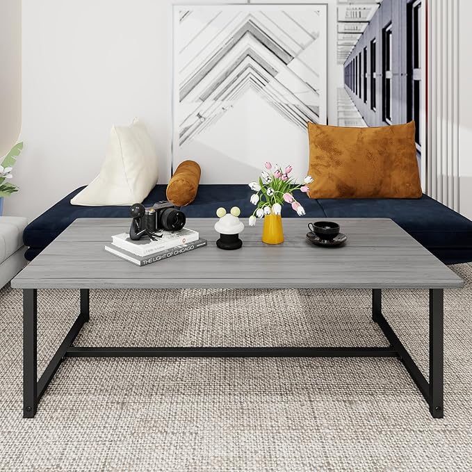 Farmhouse Coffee Table Rectangular Center Table for Living Room Table Wooden Tabletop with Metal Frame,Mid Century Modern Design,Easy Assembly,Wood Coffee Table,Grey