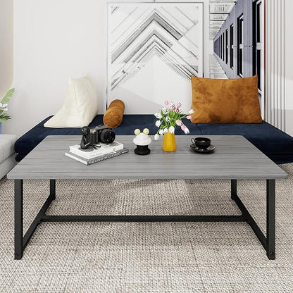 Farmhouse Coffee Table Rectangular Center Table for Living Room Table Wooden Tabletop with Metal Frame,Mid Century Modern Design,Easy Assembly,Wood Coffee Table,Grey