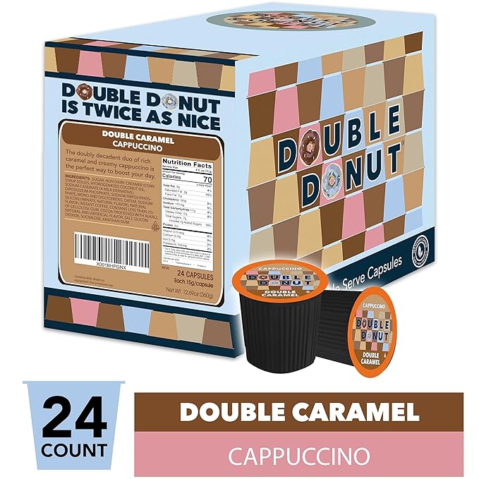 Double Donut Coffee Cappuccino Pods, Caramel Cappuccino, Single Serve for Keurig K Cups Brewers, 24 Count