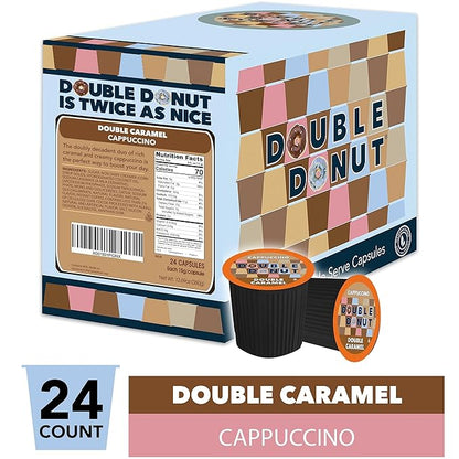Double Donut Coffee Cappuccino Pods, Caramel Cappuccino, Single Serve for Keurig K Cups Brewers, 24 Count