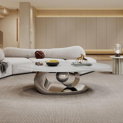 Marble Grain Coffee Table with Gold Stainless Steel Pedestal,Modern Coffee Tables,Oval Living Room Table with Faux Marble Top & Luxury Legs,Sintered Stone Cocktail Center Table,49.20inch