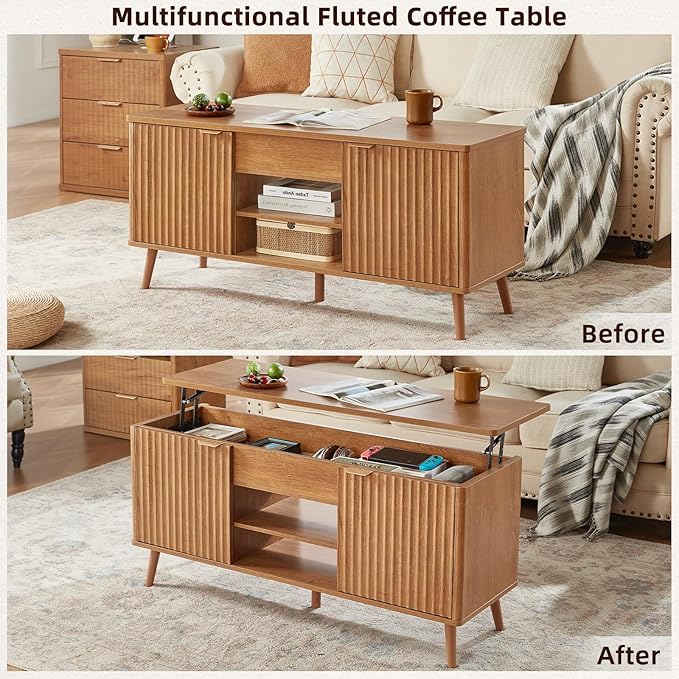 LEYAOYAO 48" Fluted Lift Top Coffee Table with Hidden Storage & Adjustable Shelves, Lifting Tabletop Large Rectangular Coffee Tables, Mid Century Modern Wood Center Table for Living Room, Brown