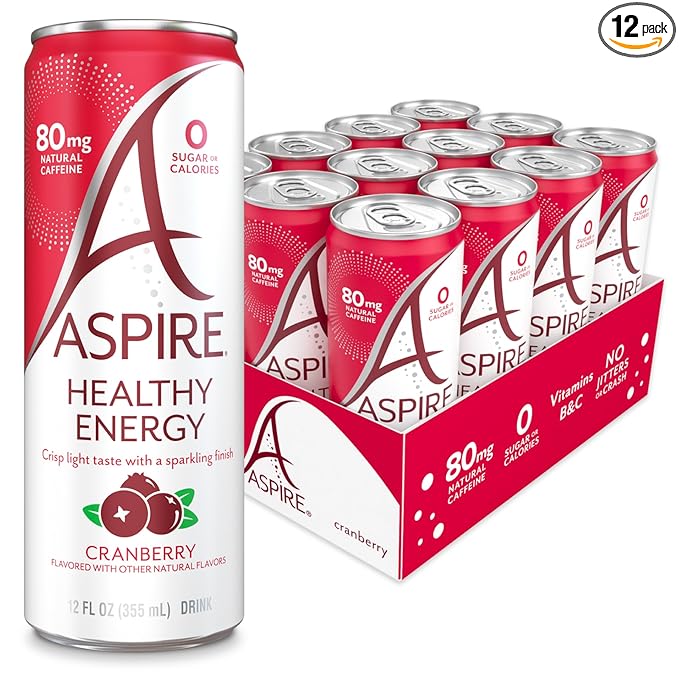 ASPIRE® Cranberry, Healthy Energy Drink 80mg Natural Caffeine, Zero Sugar No Carbs Keto Friendly, 12 Pack Green Tea Sugar Free Drink Low Caffeine Zero Calorie