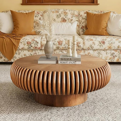 Round Coffee Table 31.4" Modern Brown Fluted Coffee Table Low Round Drum Pedestal Coffee Tables for Living Room Farmhouse (Brown 31.4in)
