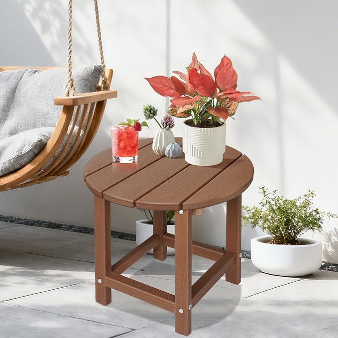 LZRS Round Adirondack Patio Side Table End Table, Outdoor Side Tables for Patio, Backyard,Pool, Indoor Companion, Easy Maintenance & Weather Resistant(Brown)
