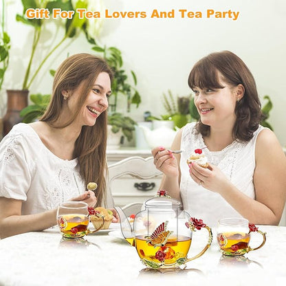 46oz/1300ml Large Enamel Teapot With Infuser,Floral Glass Teapot With Red Rose Flower Butterfly,Removable Infuser For Blooming Tea,Loose Leaf Tea,Fruit Tea,Tea Bag