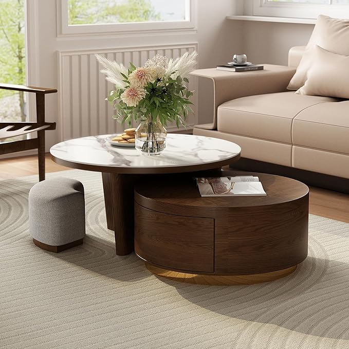 Lartis Coffee Table Set 2 - Walnut Coffee Table with Drawer and Stools - Marble Circular Stone Tabletop Modern Design Round Coffee Table for Living Room