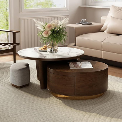 Lartis Coffee Table Set 2 - Walnut Coffee Table with Drawer and Stools - Marble Circular Stone Tabletop Modern Design Round Coffee Table for Living Room