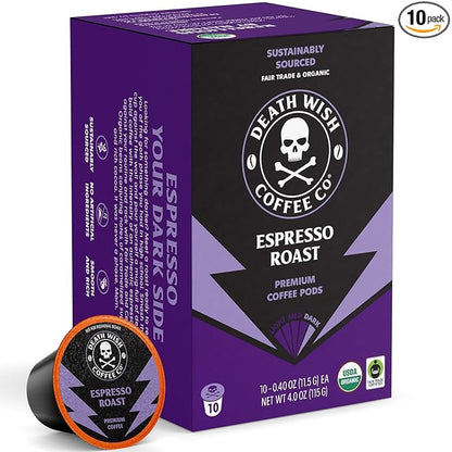 Death Wish Coffee, Espresso Roast Single Serve Coffee Pods - Fair Trade and Organic (10 Count)