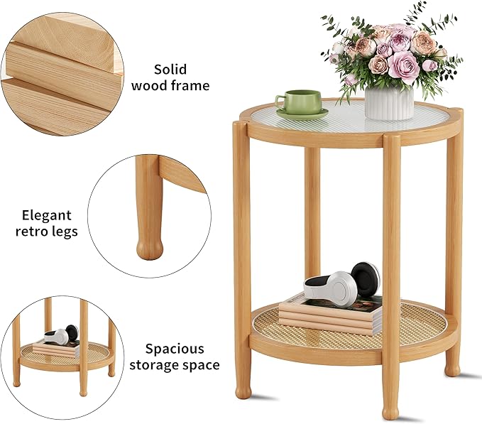 Rattan Round Side Table, 24" Boho Rustic Circle End Table Sofa Table with Storage and Solid Wood Farmhouse Frame for Living Room, Balcony, Bedroom (Natural, 23.6" D x 23.6" W x 19.7" H)