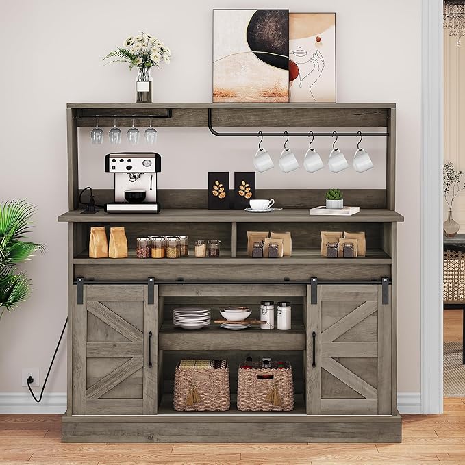 YITAHOME 52" Farmhouse Coffee Bar, Buffet Cabinet with Storage, Sliding Barn Door, Sideboard Cabinet with Goblet Holder, 5 Hooks and Power Outlets for Kitchen, Living Room (Rustic Grey Oak)