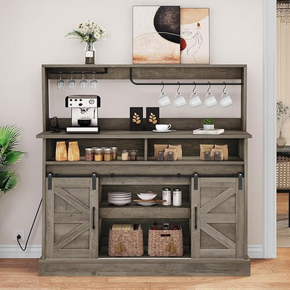 YITAHOME 52" Farmhouse Coffee Bar, Buffet Cabinet with Storage, Sliding Barn Door, Sideboard Cabinet with Goblet Holder, 5 Hooks and Power Outlets for Kitchen, Living Room (Rustic Grey Oak)
