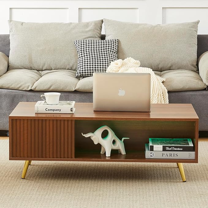 COSVALVE 41.3IN LED Walnut Coffee Tables for Living Room with 16 Colors LED Lights, Modern Minimalist Coffee Table with Fluted Panel, Rectangle Center Table Game Table