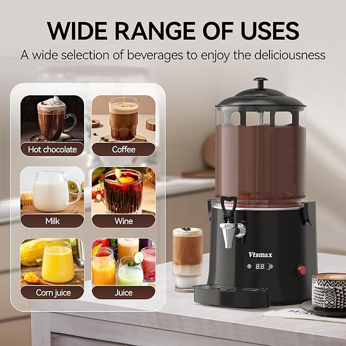 10L/2.6Gal Commercial Hot Chocolate Machine 86-194℉ Intelligent Temperature Control, Hot Beverage Dispenser Maker for Chocolate Drink, Cocoa, Milk, Coffee, Juice