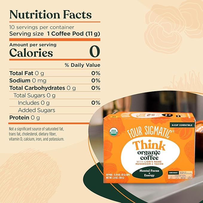 Four Sigmatic Mushroom Coffee K-Cups | Organic Dark Roast Coffee with Lion’s Mane Mushroom Powder & Yacon | Focus & Immune Support | Vegan & Keto | Sustainable Pods | 10 Count
