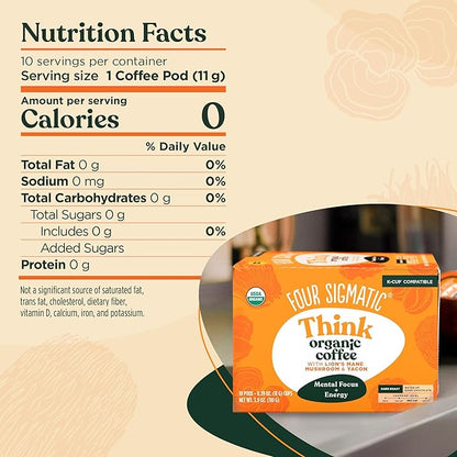 Four Sigmatic Mushroom Coffee K-Cups | Organic Dark Roast Coffee with Lion’s Mane Mushroom Powder & Yacon | Focus & Immune Support | Vegan & Keto | Sustainable Pods | 10 Count