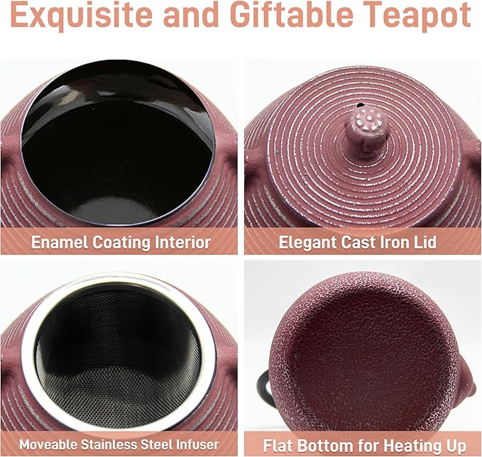Cast Iron Teapot, 20.3oz Small Pink Pinstripe Pattern, Stainless Steel Infuser for Loose Tea, Enameled Interior, Stovetop Safe
