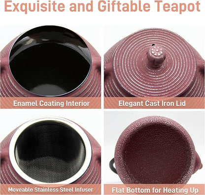 Cast Iron Teapot, 20.3oz Small Pink Pinstripe Pattern, Stainless Steel Infuser for Loose Tea, Enameled Interior, Stovetop Safe