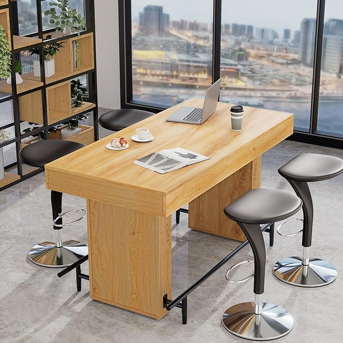 63 Inch Wide Bar Table with Sturdy Footrest – Counter Height Dining Table for 4-6 People – Industrial Kitchen Pub Table, Perfect for Small Space, Living Room, Cafe & Home Bar