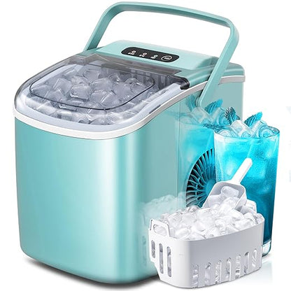 Portable Ice Maker Machine with Handle, 26lbs/24Hrs, 6Mins/9 Ice Cubes, Self-Cleaning with Basket/Scoop, Countertop Ice Makers for Home/Kitchen/Office(Green)