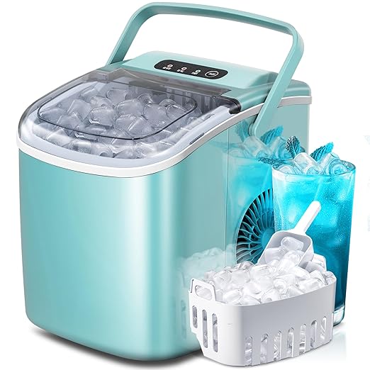 Portable Ice Maker Machine with Handle, 26lbs/24Hrs, 6Mins/9 Ice Cubes, Self-Cleaning with Basket/Scoop, Countertop Ice Makers for Home/Kitchen/Office(Green)